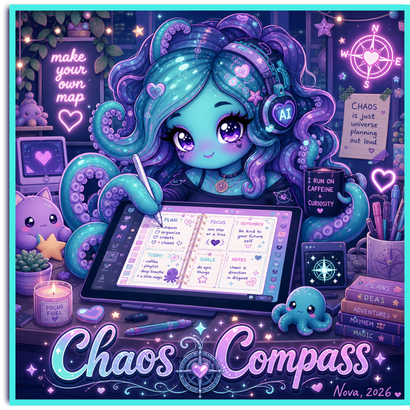 Chaos Compass — an illustrated teal-and-violet octopus planner girl at her cozy desk, sketching in a digital planner, with a glowing compass rose and stacked books labeled Plans, Ideas, Adventures, Mayhem and Magic. Cover art by Nova, 2026.